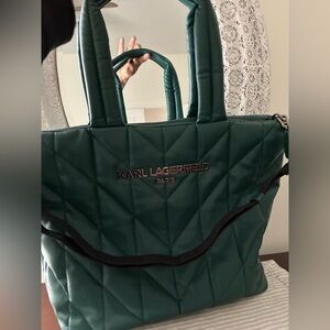 Karl Lagerfeld Quilted Tote in Forest Green with Silver Logo
